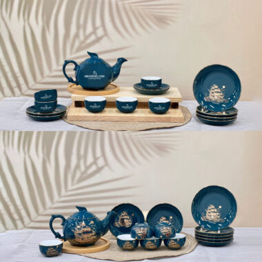 Bộ ấm trà dĩa lót xanh ngọc vẽ vàng thuyền buồm in logo Mekoong ATILGMK9