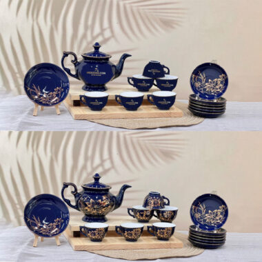 Bộ ấm trà dĩa lót xanh vẽ vàng hoa sen - logo Mekoong