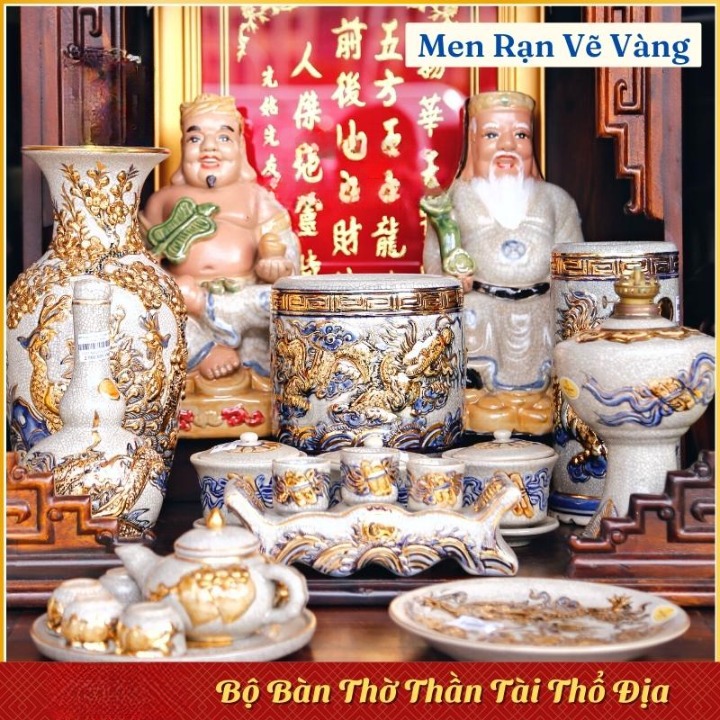 Set Bộ Bàn Thờ Thần Tài Ông Địa Men Rạn Dát Vàng – Gốm Sứ Bát Tràng