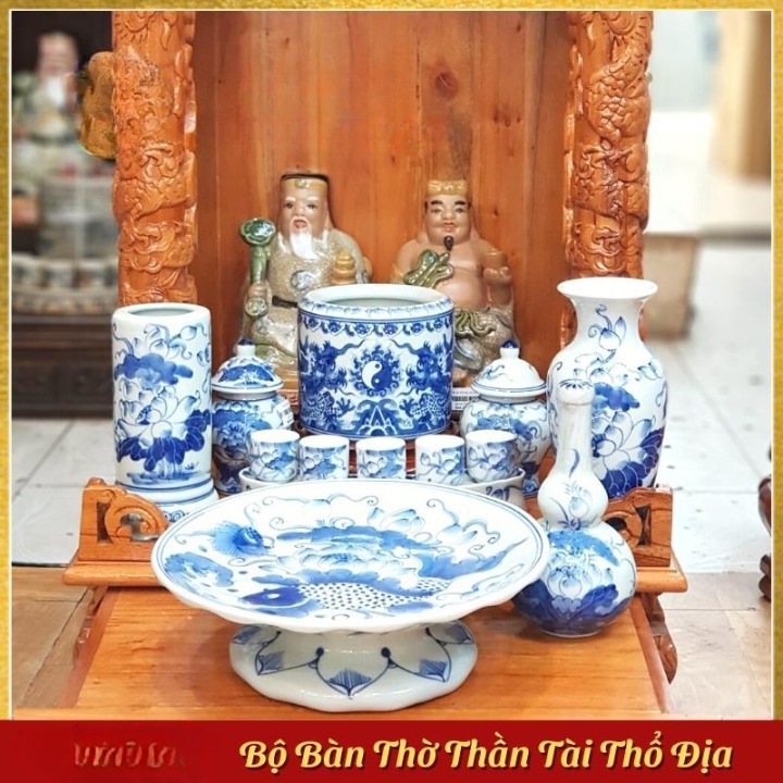 Set Bộ bàn thờ thần tài thổ địa gốm Bát Tràng men lam cao cấp mẫu 04