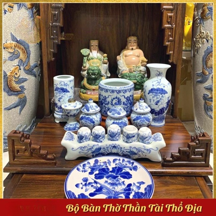 Set Bộ bàn thờ thần tài thổ địa gốm Bát Tràng men lam cao cấp mẫu 05