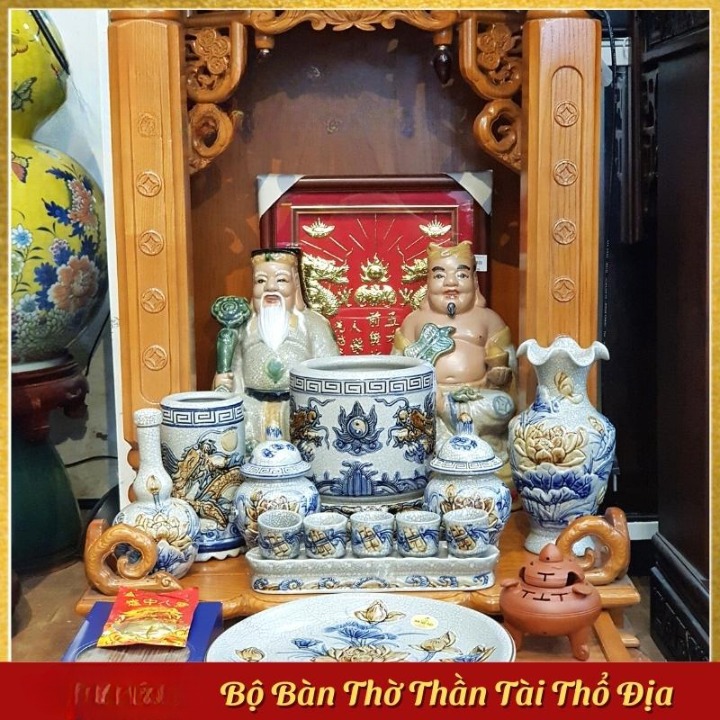 Set Bộ bàn thờ thần tài thổ địa gốm Bát Tràng men rạn cao cấp mẫu 03