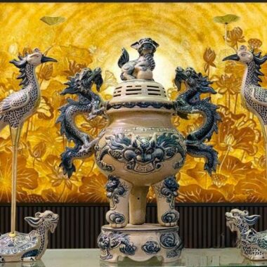 BỘ ĐỈNH HẠC BẰNG SỨ MEN RẠN CAO 65CM