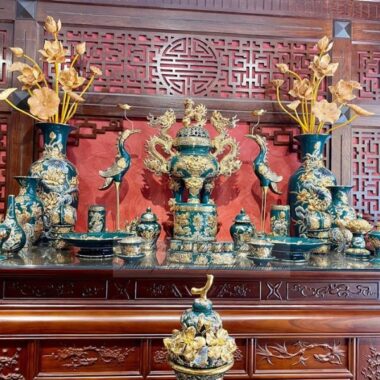 Bộ đồ thờ ngũ sự men xanh ngọc e54