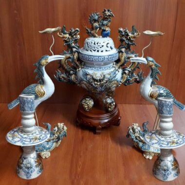 Bộ Ngũ sự Đỉnh hạc Cây nến Men rạn đắp nổi
