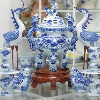 Bộ Ngũ Sự Đỉnh Hạc Cây Nến Men Xanh Ngọc