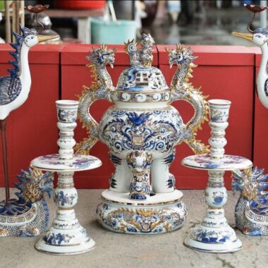 Bộ ngũ sự men rong vẽ vàng 18k cao cấp Bát Tràng