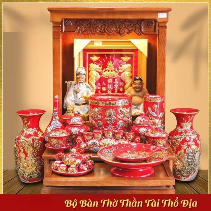 Set Đồ Thờ Thần Tài Ông Địa men đỏ – Đồ Thờ Vẽ Vàng Gốm Bát Tràng