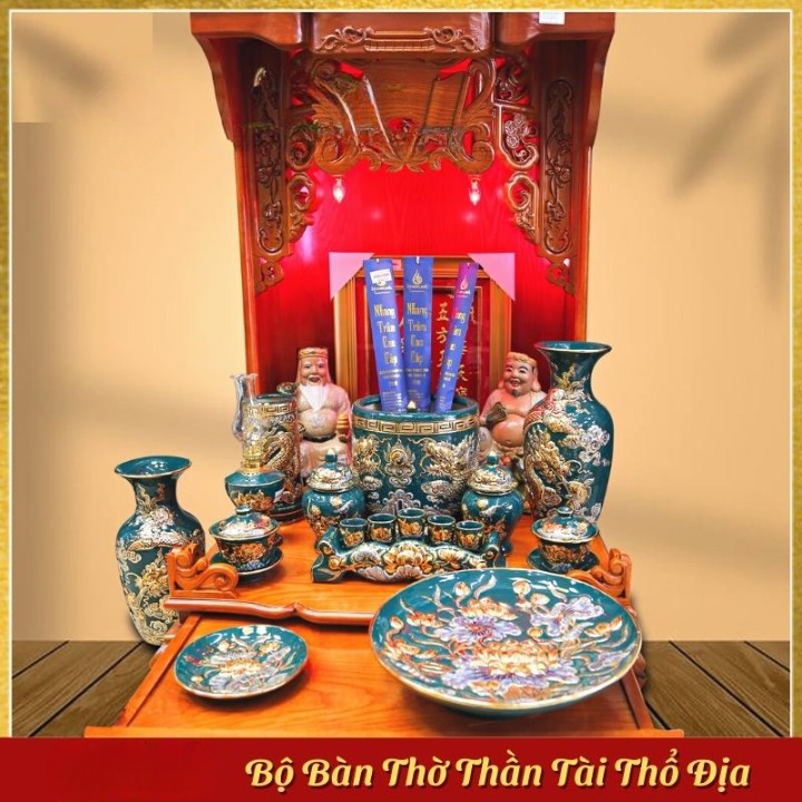 Set Đồ Thờ Thần Tài Ông Địa men xanh lục – Đồ Thờ Vẽ Vàng Gốm Bát Tràng