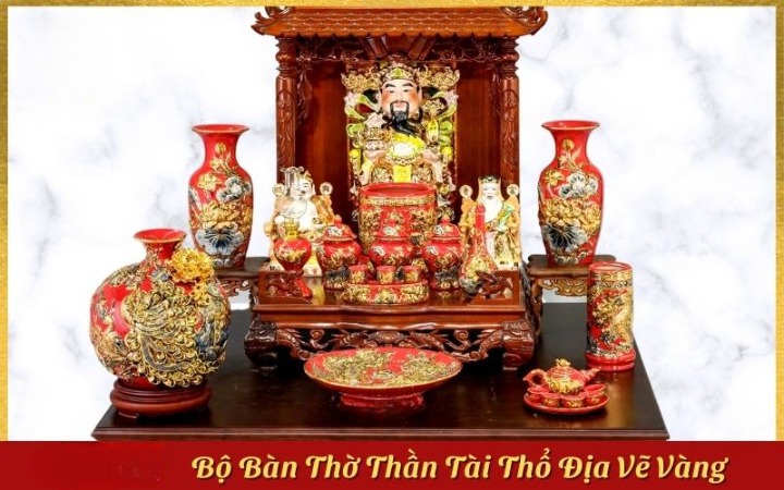 Set Đồ Thờ Thần Tài Thổ Địa Gốm Sứ Bát Tràng Vẽ Vàng Men Màu Đỏ