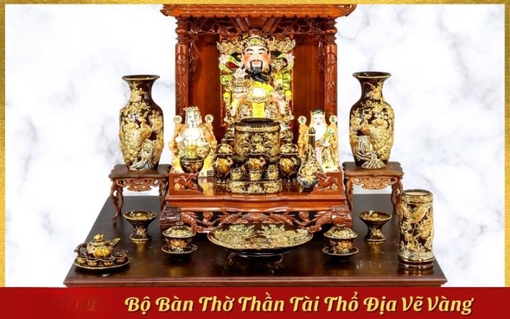 Set Đồ Thờ Thần Tài Thổ Địa Gốm Sứ Bát Tràng Vẽ Vàng Men Màu Nâu