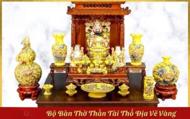 Set Đồ Thờ Thần Tài Thổ Địa Gốm Sứ Bát Tràng Vẽ Vàng Men Màu Vàng