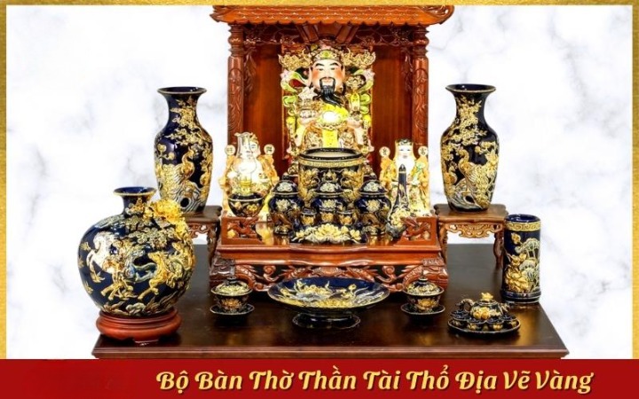 Set Đồ Thờ Thần Tài Thổ Địa Gốm Sứ Bát Tràng Vẽ Vàng Men Màu Xanh Dương