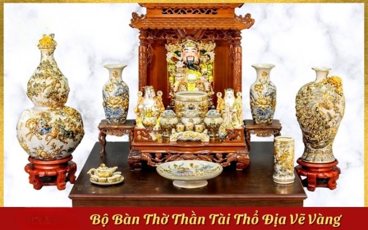 Set Đồ Thờ Thần Tài Thổ Địa Gốm Sứ Bát Tràng Vẽ Vàng Men Rạn