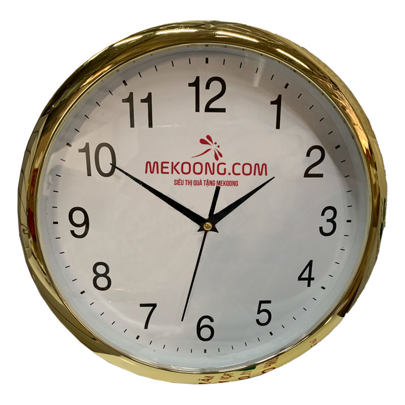 Đồng hồ treo tường màu vàng kim trang trọng in logo Mekoong