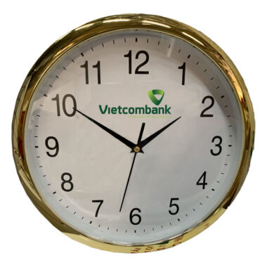 Đồng hồ treo tường màu vàng kim trang trọng in logo Vietcombamk