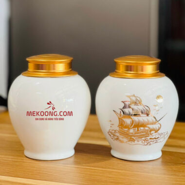 Hũ trà trắng vẽ vàng thuyền buồm in logo Mekoong