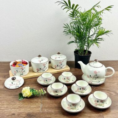 Khay mứt tết Bát Tràng họa tiết hoa đào đỏ BT3