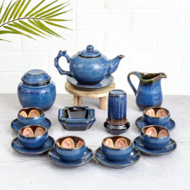 Ấm chén Bát Tràng Men Hỏa Biến xanh đại dương