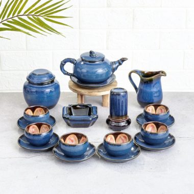 Quà Tặng Đối Tác Ấm chén Bát Tràng Men Hỏa Biến xanh lam ngọc