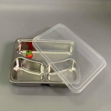 Khay chia cơm inox 3 ngăn sâu lòng có nắp