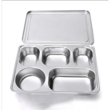 Khay inox chia cơm 5 ngăn tròn có nắp đậy bằng inox