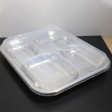 Khay cơm inox 4 ngăn nông lòng có nắp nhựa đậy