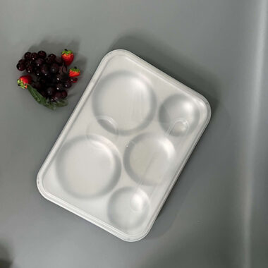 Khay inox chia cơm 5 ngăn tròn có nắp nhựa