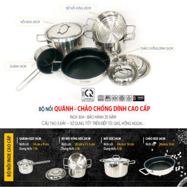 Bộ Nồi Xửng Hấp Quánh Chảo Chống Dính Fivestar