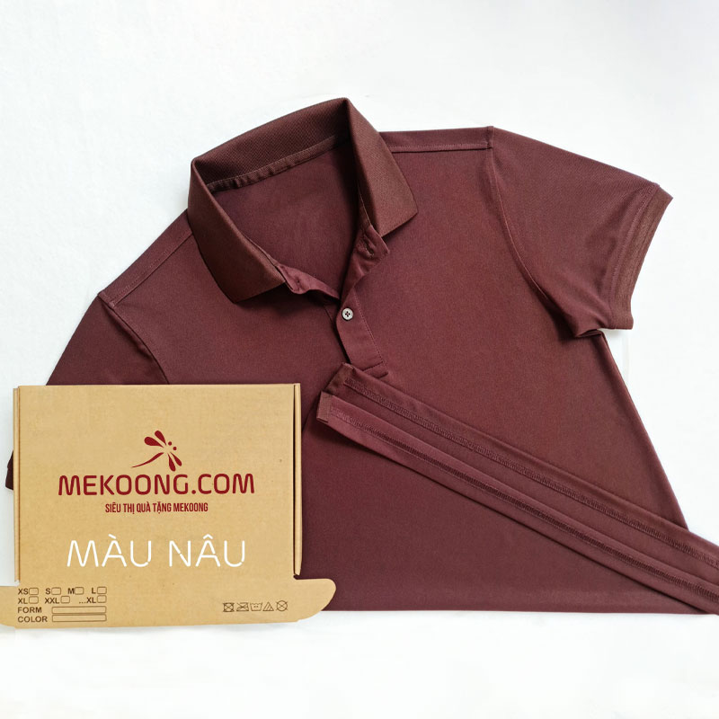 Áo thun in logo cổ trụ poly trơn màu nâu in theo yêu cầu