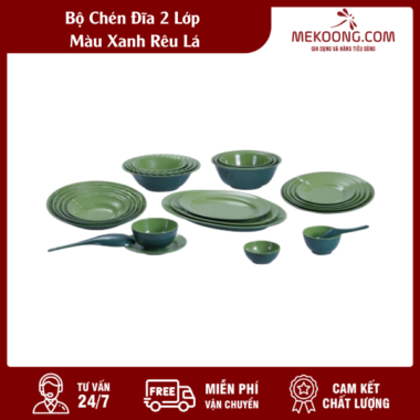 Bộ Chén Đĩa  2 Lớp Màu Xanh Rêu Lá