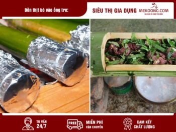 Dồn thịt bò vào ống tre: