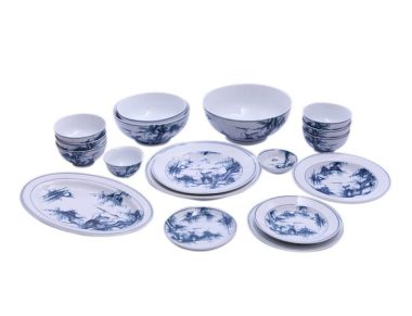 Bộ Bàn Ăn Bát Tràng Vẽ Cảnh Tùng Hạc - Men Chàm Cổ ưa chuộng