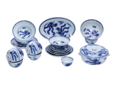 Bộ Bàn Ăn Bát Tràng Vẽ Phượng - Men Lam Cổ phong cách