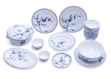 Bộ Bàn Ăn Bát Tràng Vẽ Trúc - Men Chàm chính hãng