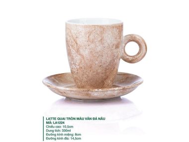 Ly sứ Bát Tràng Latte Quai Tròn màu Vân Đá Nâu 330ml cao cấp