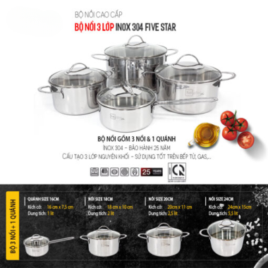 Bộ Nồi 4 Chiếc 3 Lớp Inox Fivestar 304 Nắp Kính
