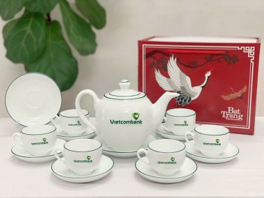 Bộ Ấm Chén In Logo Bát Tràng Dáng ML Xanh Lá