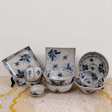Bộ bát đĩa Bát Tràng men rạn giả cổ vẽ chuồn giá rẻ