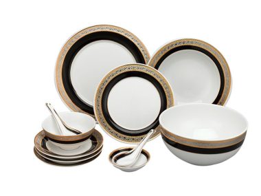 Bộ đồ ăn Âu-Á 45 sản phẩm - Sago - Hoa Hồng Đen khắc nổi Cao Cấp