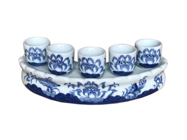 Kỷ Cong 5 Chén Vẽ Hoa Sen Men Lam