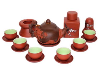 Bộ Pha Trà Gốm Bát Tràng Đen Đắp Nổi Hoa Phù Dung Đỏ