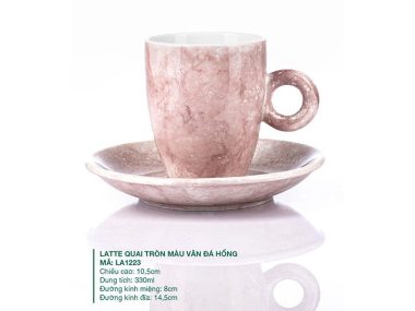 Ly sứ Bát Tràng Latte Quai Tròn Màu Vân Đá Hồng 330ml cao cấp