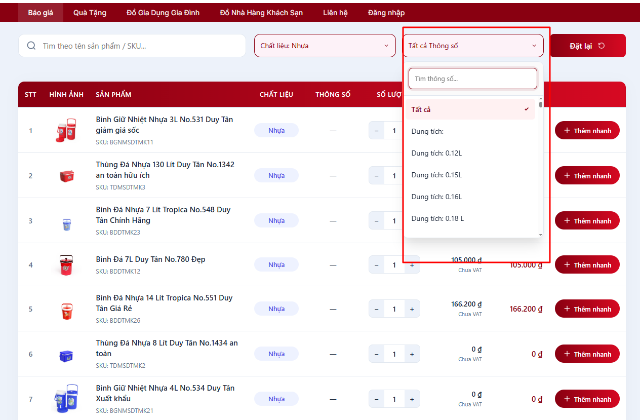 2. Tìm kiếm và Lọc sản phẩm nhựa theo công năng