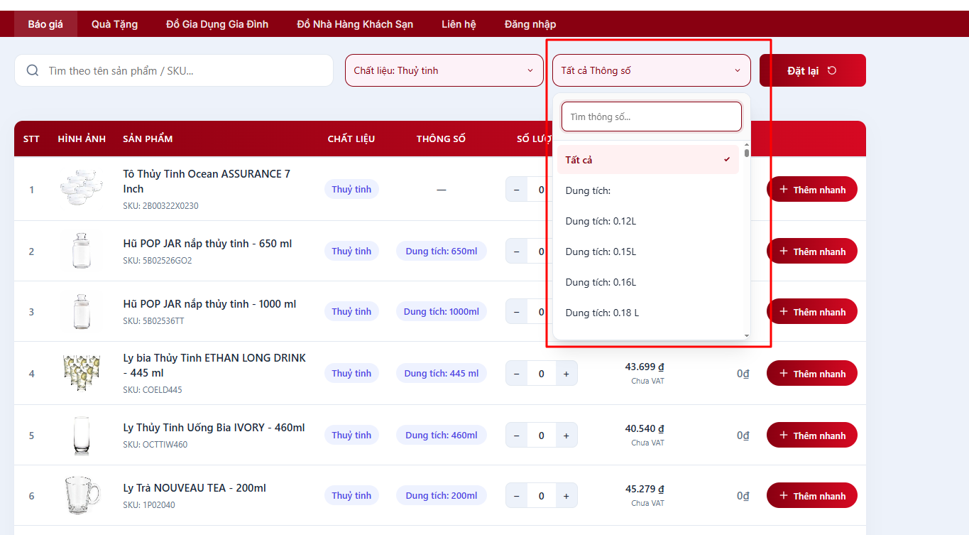 Hướng Dẫn Tạo Và Xuất Báo Giá Đồ Thủy Tinh Nhà Hàng, Khách Sạn Mekoong (4) 3. Tùy chỉnh thông số đơn hàng thủy tinh