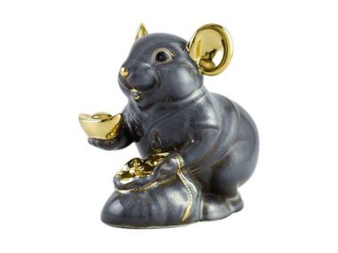 Chuột phú Quà tặng gốm sứ 13 cm - Màu xám - Trang trí vàng 24K