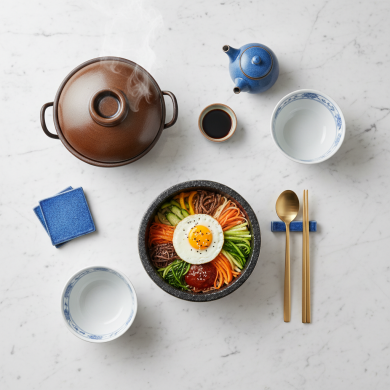 korean kitchen utensils flat lay Đồ Dùng Dụng Cụ Bếp Hàn Quốc