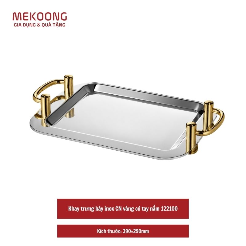Khay trung bay inox CN vang co tay nam 122100 Khay trưng bày inox CN vàng có tay nắm 122100