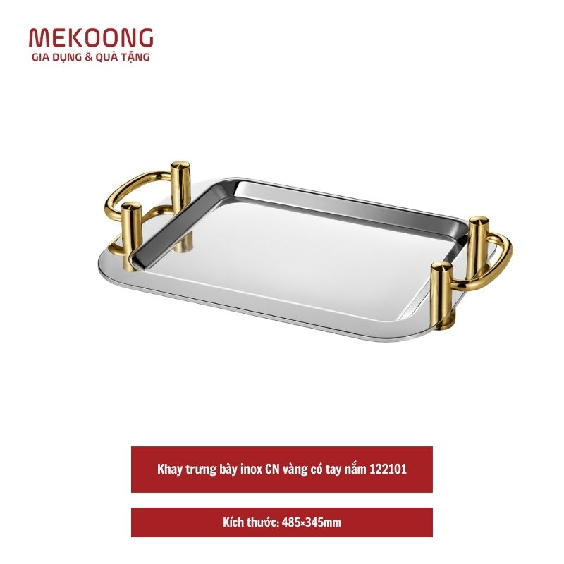 Khay trung bay inox CN vang co tay nam 122101 Khay trưng bày inox CN vàng có tay nắm 122101