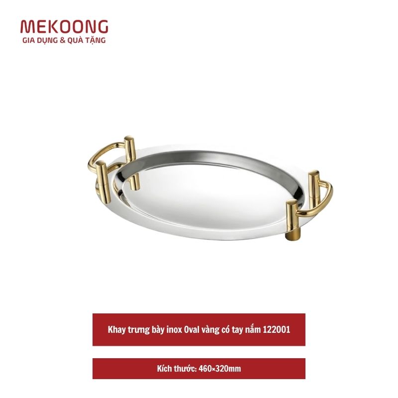 Khay trung bay inox Oval vang co tay nam 122001 Khay trưng bày inox Oval vàng có tay nắm 122001